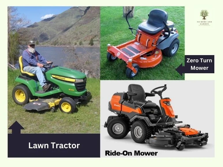 The image shows some photographs of Ride on lawn Mowers