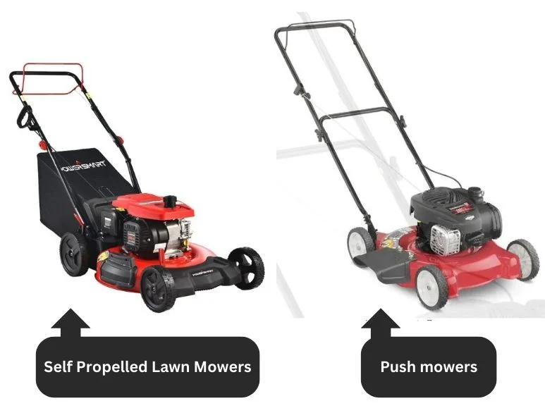 This image shows a comparison of a Push mower and self propelled mower